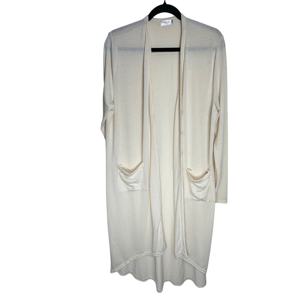 Naggoo Cream Knit‎ Long Cardigan Sweater Open Front Pockets XL Minimalist Cozy